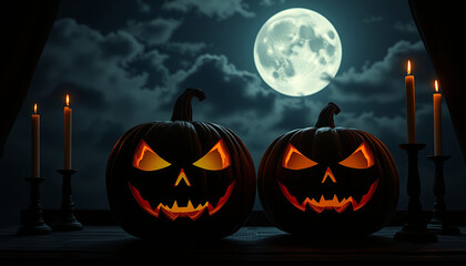 two evil jack-o'-lanterns among candles against the background of the moon