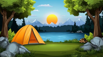 Wall Mural - A serene camping scene by a lake at sunset, featuring an orange tent and mountains.