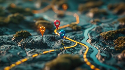 Fototapete - A detailed view of a map with various markers and labels