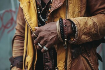 Sticker - a close up of a person wearing a leather jacket