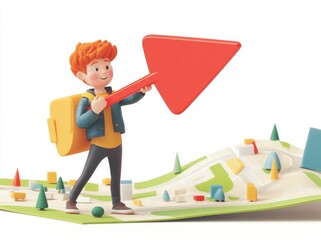 Poster - A 3D rendering of a guy holding a pin icon above a map with a red location icon.