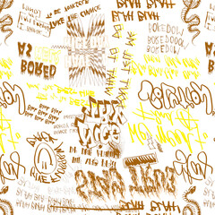 Fototapete - Scattered letters alphabet seamless pattern.  black paint texture. Stamp typography banner. Grunge bold font with dry brush texture. Childish style capital letters. Hand drawn typography banner.