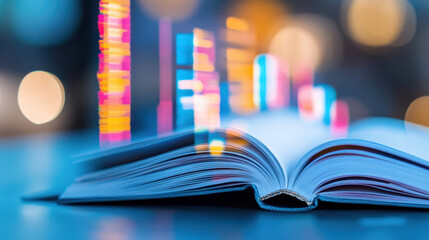 Poster - Open book with colorful blurred bar graphs in the background, symbolizing education, progress, and data analysis concepts