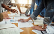Business people, review and paperwork with hands, statistics and social media trends on desk. Office, meeting and collaboration of content creation team with SEO and target audience info for website