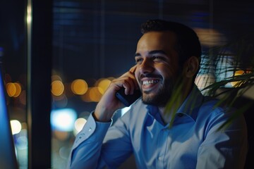 Poster - A person conversing on their mobile device while seated at a table
