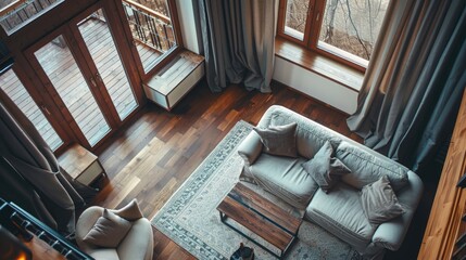 Poster - Aerial view of a modern living room with furniture and decorations