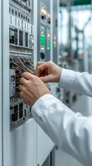An engineer works on complex circuitry in a modern control panel, highlighting precision and technology in automation.