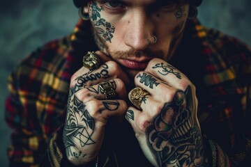 Wall Mural - a man with many tattoos on his hands