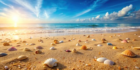 Wall Mural - Empty beach with fine sand and scattered shells near water's edge, summer sea shimmering in the distance, beach, sand, shells