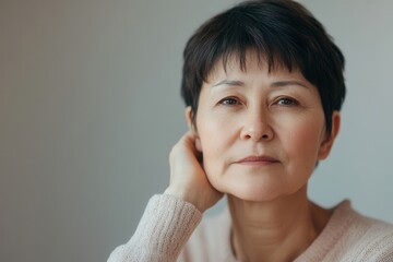 Poster - A woman with short, dark hair sits quietly in a sunlit room, her thoughtful gaze expressing introspection and calmness, conveying a moment of peace. Generative AI