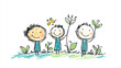 © khonkangrua - A whimsical hand-drawn illustration of three happy children holding plants, celebrating nature and life in a joyful scene.