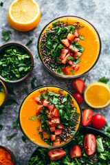 Two Bowls of Carrot, Tomato Soup, Chia Seeds. Fresh Parsley, Tomatoes on Gray Background