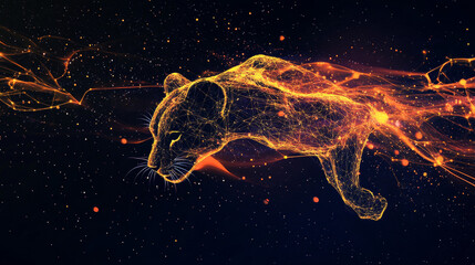 Abstract mesh of lines and points depicting a cheetah in a flames style, set against a dark background with an inscription. Represents business net speed in a starry sky or cosmic setting, consisting 