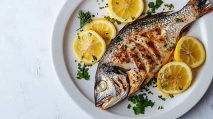 Grilled sea bream garnished with lemon slices, served on a white plate, showcasing its crispy skin and fresh, flavorful presentation.