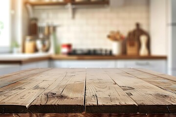 Empty wooden table in front of blurred kitchen background. Ready for product display montage