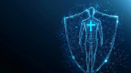 Abstract figure behind a polygonal shield. A security shield with a cross symbolizes life care insurance. This 3D wireframe vector illustration features a low-poly technology and medicine concept.