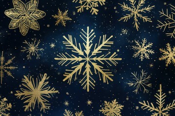 Wall Mural - A blue background with gold snowflakes and a gold snowflake in the center. The snowflakes are all different sizes and shapes, and they are scattered throughout the image. Scene is festive and joyful