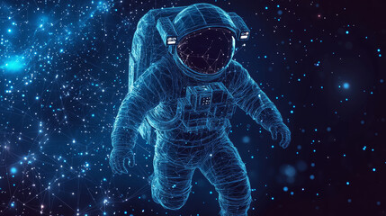 Abstract polygonal astronaut floating in outer space. A blue low-poly wireframe vector illustration set against a dark technology background. Features a starry sky with polygons, lines, particles.