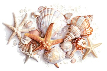 Poster - Collection of seashells and starfishes on a clean white surface