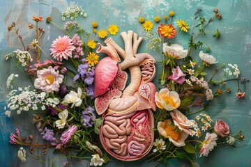 Aufkleber - A close-up image of a human heart surrounded by colorful flowers, symbolizing life and love