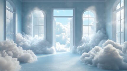 A dreamlike and ethereal atmosphere is created by fluffy white clouds filling an elegant room with large windows and classical architecture in a surreal scene