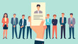 © Hikmet - Job position candidate and curriculum. Hands holding a CV profile, selecting from a group of business people for hiring. Vector illustration of an interview process.