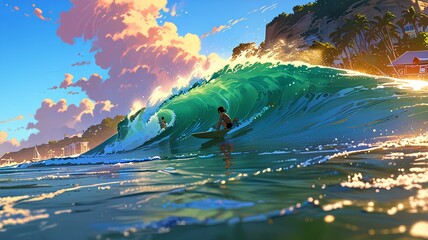 Wall Mural - Surfing in the morning sun on the beach.