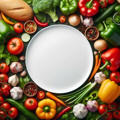 Wall Mural - Top view of a white empty plate surrounded by fresh vegetables and herbs. Vivid, colorful arrangement with tomatoes, bell peppers.