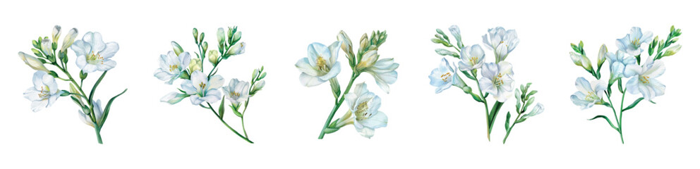 Fototapete - A set of white freesia flowers png. Watercolor illustration. Hand drawn delicate lilac freesia flower element in full bloom. Vector illustration.