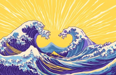 Wall Mural - A illustration of an Asian wave pattern with a yellow background