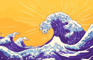 Wall Mural - A illustration of an Asian wave pattern with a yellow background