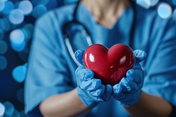 Doctor wearing blue scrubs and gloves holding red heart. Organ donation concept. 