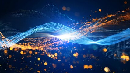 Poster - Abstract digital light patterns shimmering across a dark background with glowing particles