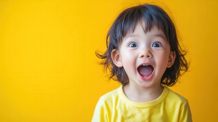 Poster - A young child with curly hair is joyfully smiling and displaying excitement while wearing a yellow shirt. Generative AI