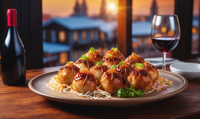 A plate of takoyaki, a popular Japanese street food, sits on a wooden table next to a glass of red wine