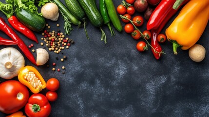 Wall Mural - Fresh vegetables and spices arranged on dark background with copy space