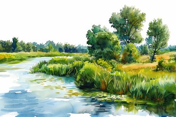 Poster - A serene landscape with a river flowing through a lush green meadow, perfect for outdoor-themed projects or nature-inspired designs