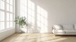 © David Giraud - Une pièce d'habitation claire vide avec mur blanc, sol en bois, canapé et plante verte, éclairage naturel avec lumière du soleil traversant le salon.