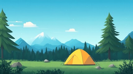 Wall Mural - A serene campsite with a yellow tent surrounded by mountains and trees.