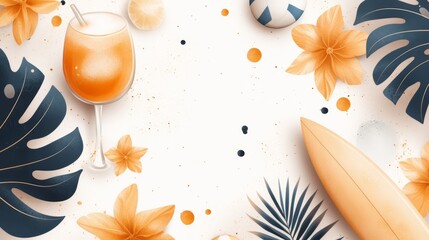 A vibrant tropical background featuring flowers, a drink, and surf elements, perfect for summer-themed designs and marketing.