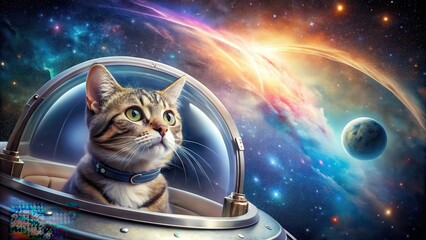 Wall Mural - Adorable cat sailing through space in a spaceship, space, cat, astronaut, cute, galaxy, adventure, exploration, stars