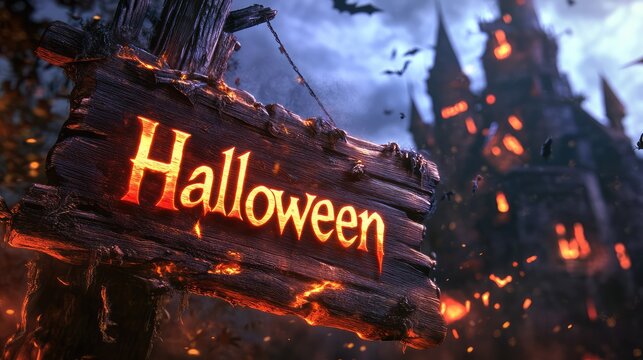 Eerie wooden sign with flaming 