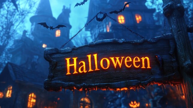 Eerie wooden sign with flaming 