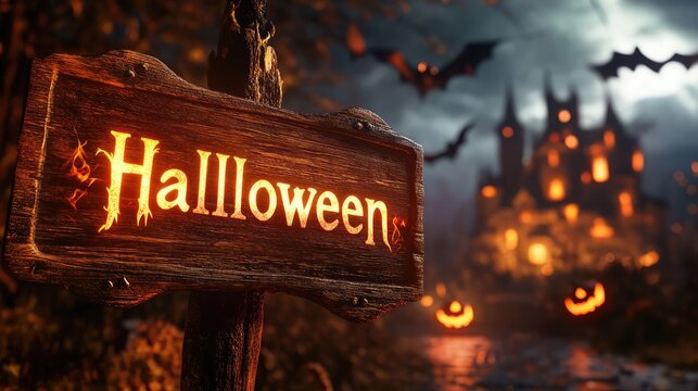 Terrifying wooden sign with fiery 