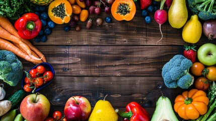 A colorful arrangement of fresh fruits and vegetables on a wooden table, healthy eating and nutrition