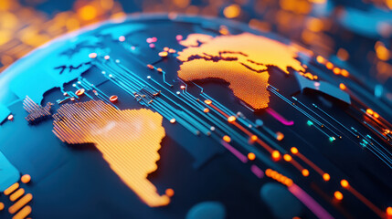 Poster - Abstract digital globe with illuminated circuit patterns showcasing continents and interconnected data streams in vibrant blue and orange hues