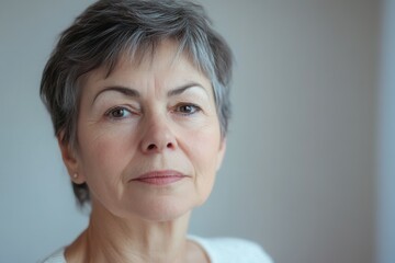 Aufkleber - A mature woman with short gray hair gazes directly at the viewer, showcasing a serene expression in soft natural light. Generative AI