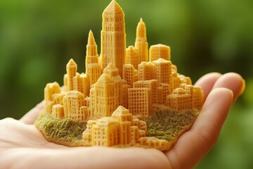 Golden miniature city held in hands with a green background symbolizing sustainable urban growth.