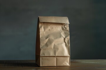 Poster - A brown paper bag sits on top of a wooden table, providing a simple and earthy aesthetic