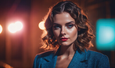 A woman with short, curly brown hair poses for a photo with a serious expression. She wears a blue blazer